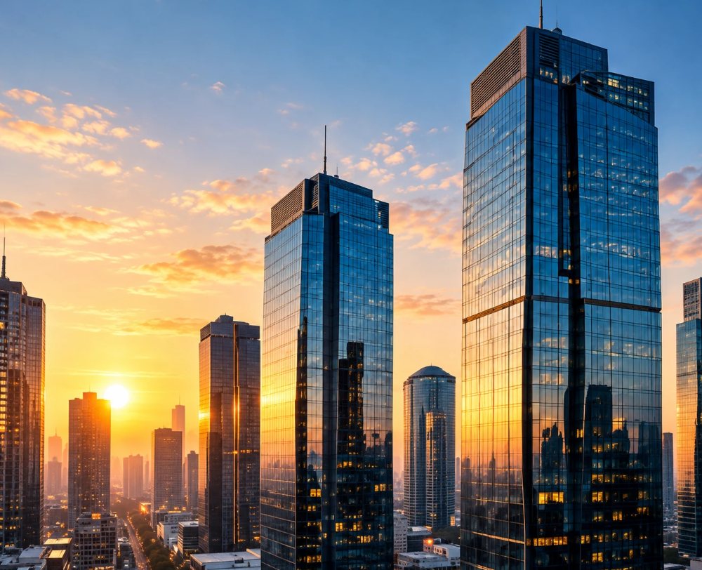 Glass office towers at sunset